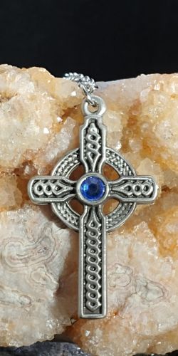 Celtic Cross Necklace with Blue Crystal