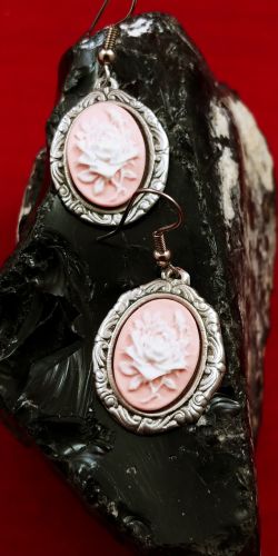 Ivory Rose on Pink Cameo Earrings