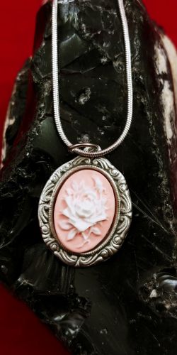Ivory Rose on Pink Cameo Necklace (small)